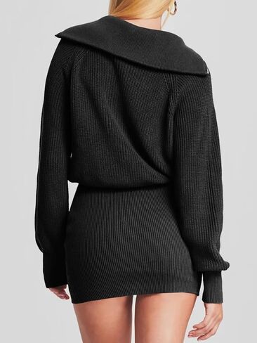 فستان Lanwyqu النسائي بسحاب لأعلى Bodycon سترة 2024 بلوفر مريح وسترات طويلة عصرية فساتين قصيرة متماسكة مضلعة in Kuwait