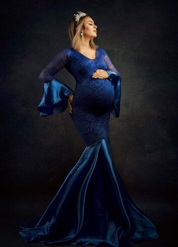 فستان ZIUMUDY للحوامل من الدانتيل بأكمام طويلة طويل الأكمام لحورية البحر للتصوير الفوتوغرافي لحفلة استقبال المولود الجديد in Kuwait