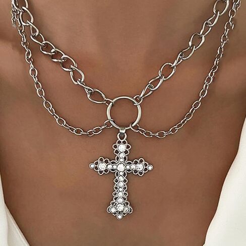 الصليب قلادة غير النظامية Y2k كبير الصليب تألق الماس الشرير تنوعا متعدد الطبقات سترة قلادة المرأة مجوهرات هدية in Kuwait