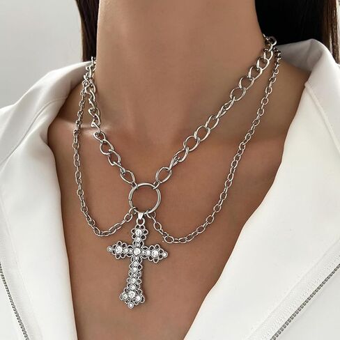 الصليب قلادة غير النظامية Y2k كبير الصليب تألق الماس الشرير تنوعا متعدد الطبقات سترة قلادة المرأة مجوهرات هدية in Kuwait