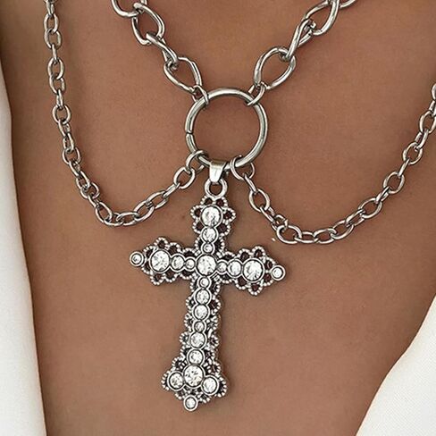 الصليب قلادة غير النظامية Y2k كبير الصليب تألق الماس الشرير تنوعا متعدد الطبقات سترة قلادة المرأة مجوهرات هدية in Kuwait