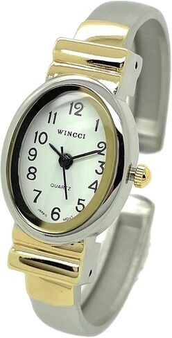 Ladies Small Oval Case Metal Bangle Cuff Fashion Analog Quartz Watch White Dial with Easy to Read Black Numbers in Saudi Arabia