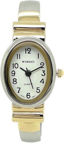 Ladies Small Oval Case Metal Bangle Cuff Fashion Analog Quartz Watch White Dial with Easy to Read Black Numbers in Saudi Arabia