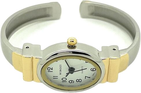 Ladies Small Oval Case Metal Bangle Cuff Fashion Analog Quartz Watch White Dial with Easy to Read Black Numbers in Saudi Arabia