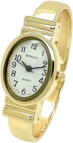 Ladies Small Oval Case Metal Bangle Cuff Fashion Analog Quartz Watch White Dial with Easy to Read Black Numbers in Saudi Arabia
