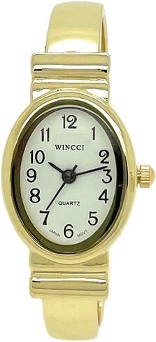 Ladies Small Oval Case Metal Bangle Cuff Fashion Analog Quartz Watch White Dial with Easy to Read Black Numbers in Saudi Arabia