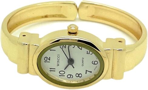 Ladies Small Oval Case Metal Bangle Cuff Fashion Analog Quartz Watch White Dial with Easy to Read Black Numbers in Saudi Arabia
