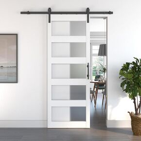 JUBEST 36x84 in Sliding Glass Barn Door with 6.6FT Hardware Kit & Handle Included, 5-Panel Frosted Glass, Solid Wood Covered with White Water-Proof PVC Surface, Pre-Drilled Holes for Easy Assembly