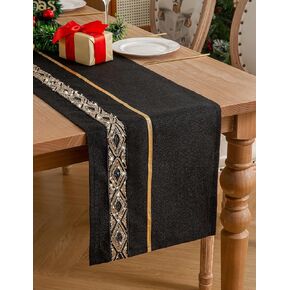 Table Runner, Sequin Runner with Glitter Golden Feather Trim Strip Sparkle Metallic Glosses, Faux Linen, Luxury Home Decor for Christmas, Party, Baby Shower (Black, 13x72inch)