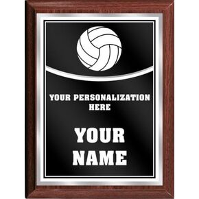 Crown Awards Volleyball Personalized Plaque Award, 6x8 Color Printed Metal Plate with Custom Engraving, Black with White Plaque On Wood Finish Prime