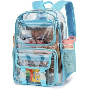 Clear School Backpack for Girls Boys, Heavy Duty PVC See Through Transparent Bookbag for Kids Women Men (Sky Blue)