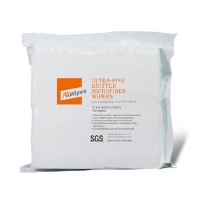 AAwipes Knitted Microfiber Cleanroom Wipers 9"x9" (Bag of 100 Pcs, 180gsm) Superfine Polyester-Polyamide Lint Free Cloths for Fiber Optics, Ultrasonically Sealed Edge, Class 100 Cloths (MF18009)