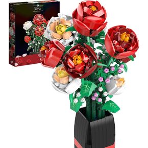 Artificial Flowers with Roses (818 PCS) - Creative Toy for Kids and Adults, Valentine's, Mother's Day, Father's Day, for Kids, Women, Girls and Boys, Roses Toy Building Set with Vase