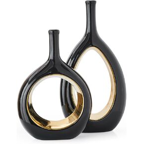 مزهرية سوداء للديكور الذهبي: مجموعة من مزهريتين سيراميك للزهور، مزهرية مجوفة بيضاوية لقطع مركزية للطاولة، ديكور منزلي حديث لرف غرفة المعيشة، مجموعة مزهرية زهور مزخرفة للمكتب in Kuwait