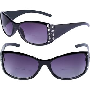 2 Pair of Women's Fashion Bifocal Reading Sunglasses with Rhinestones - Microfiber Carrying Cases Included