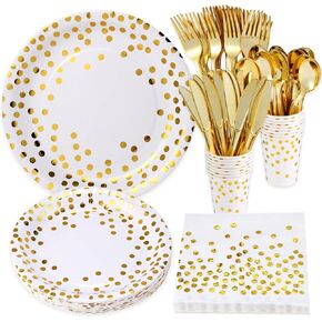 350 PCS Black and Gold Party Supplies,Gold Dot on Black Paper Plates Napkins and Cups,Gold Plastic Silverware,Disposable Dinnerware Sets Serve 50 for Graduation Birthday Engagement Party Decorations