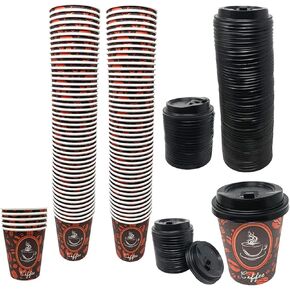 100 Pack Disposable Paper Hot Coffee Cups with Lids, Perfect For Hot Drinks Tea & Coffee, Coffee Shops And Bars (8 oz, Coffee Bean Design)