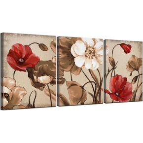Biuteawal Vintage Wall Art Brown Flowers Painting Bedroom Wall Decor 3 Pieces Canvas Print Brown Blossom Floral Pictures Abstract Artwork Bathroom Living Room Decoration Framed Ready to Hang