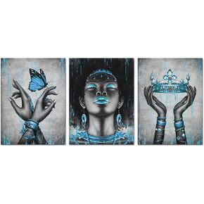 WELMECO Beautiful Black American Woman Canvas Wall Art Hands with Blue Crown Butterfly Fashion Charm Girl Picure Giclee Prints Gallery Wrapped Artwork Ready to Hang for Living Room Bedroom Decoration