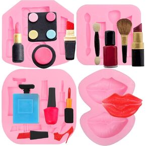 Makeup Chocolate Silicone Molds 4 Pcs, Kiss Lipstick Perfume High Heels Mold Fondant for Cake Decoration Candy Cupcake Topper Polymer Clay Crafts Cosmetic Mold