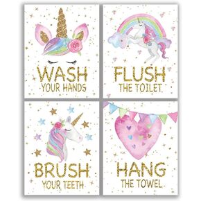 SUUURA-OO Funny Colorful Unicorn Rainbow Bathroom Decor, Inspirational Unicorn Themed Bathroom Art Print Set of 4 (8"X10"), Toilet Rules Humorous Quotes Painting for Nursery Girls Kids, No Frame-135