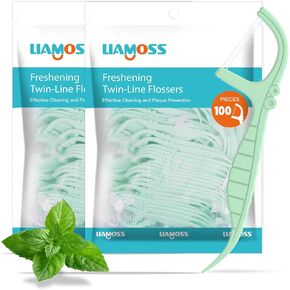 Mint Dental Flossers,200 Count Twin Line Floss Picks,LIAMOSS Professional Clean Travel Floss,Extra Strong Toothpicks Sticks,Dual Action Super Clean Teeth,Fight Tooth Decay(Mint,2Pack)