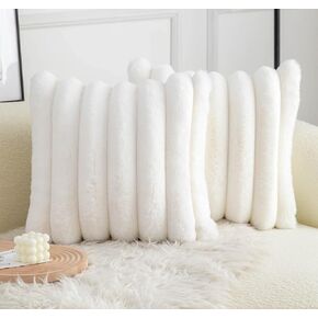 Neelvin Beige Faux Fur Cozy Soft Plaid Decorative Throw Pillow Covers 12x20 inch Set of 2,Velvet Pillowcase Cushion Case for Sofa Couch