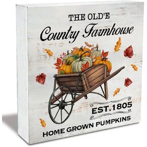 Rustic Country Pumpkin Farmhouse Wood Box Sign Fall Pumpkins Autumn Wooden Box Sign Farmhouse Home Desk Shelf Decor (5 X 5 Inch)