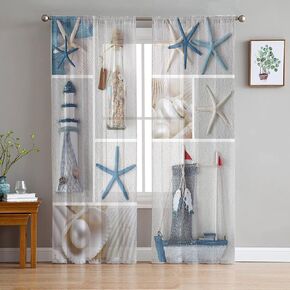 Beach Starfish Sheer Curtains 63 Inches Length 2 Panels Set, Nautical Coastal Bedroom Curtain Drapes, Tropical Ocean Seashell Semi Curtain Sheers for Living Room/Cafe Rod Pocket Voile Window Treatment