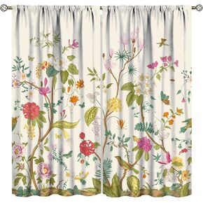 Floral Curtains, Retro Colored Birds Wild Flowers Herbs Nature Theme Pattern, Bedroom Living Room Blackout Curtains 2 Panel Set,42X45 Inch