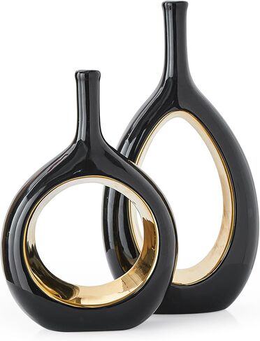 مزهرية سوداء للديكور الذهبي: مجموعة من مزهريتين سيراميك للزهور، مزهرية مجوفة بيضاوية لقطع مركزية للطاولة، ديكور منزلي حديث لرف غرفة المعيشة، مجموعة مزهرية زهور مزخرفة للمكتب in Kuwait