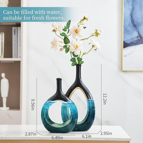 مزهرية سوداء للديكور الذهبي: مجموعة من مزهريتين سيراميك للزهور، مزهرية مجوفة بيضاوية لقطع مركزية للطاولة، ديكور منزلي حديث لرف غرفة المعيشة، مجموعة مزهرية زهور مزخرفة للمكتب in Kuwait