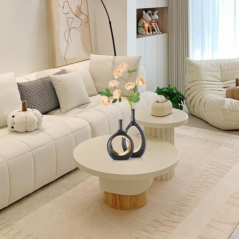 مزهرية سوداء للديكور الذهبي: مجموعة من مزهريتين سيراميك للزهور، مزهرية مجوفة بيضاوية لقطع مركزية للطاولة، ديكور منزلي حديث لرف غرفة المعيشة، مجموعة مزهرية زهور مزخرفة للمكتب in Kuwait