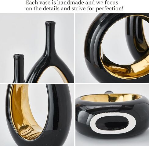 مزهرية سوداء للديكور الذهبي: مجموعة من مزهريتين سيراميك للزهور، مزهرية مجوفة بيضاوية لقطع مركزية للطاولة، ديكور منزلي حديث لرف غرفة المعيشة، مجموعة مزهرية زهور مزخرفة للمكتب in Kuwait