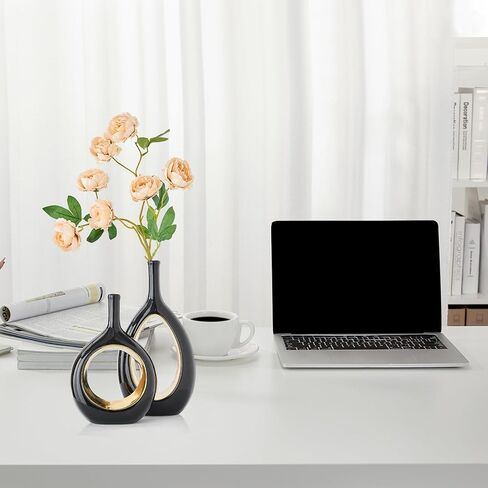 مزهرية سوداء للديكور الذهبي: مجموعة من مزهريتين سيراميك للزهور، مزهرية مجوفة بيضاوية لقطع مركزية للطاولة، ديكور منزلي حديث لرف غرفة المعيشة، مجموعة مزهرية زهور مزخرفة للمكتب in Kuwait