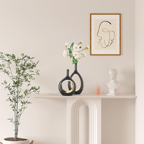 مزهرية سوداء للديكور الذهبي: مجموعة من مزهريتين سيراميك للزهور، مزهرية مجوفة بيضاوية لقطع مركزية للطاولة، ديكور منزلي حديث لرف غرفة المعيشة، مجموعة مزهرية زهور مزخرفة للمكتب in Kuwait