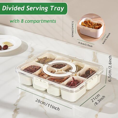8 Compartments Snackle Box Snack Containers,Divided Serving Tray with Lid and Handle,Charcuterie board with lid,Clear Snack Platter Organizer for Adults,Snack Box for Fruits, Candy, Condiment,Party in Kuwait