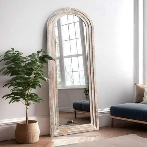 NeuType 65"x22" Arched Full Length Mirror Solid Wood Frame Mirror Floor Mirror with Back Hooks Large Wall Mirror Dressing Mirror for Bedroom Living Room, Weathering White in Saudi Arabia
