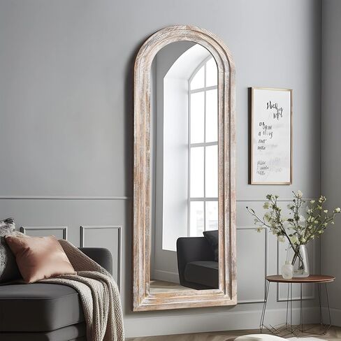 NeuType 65"x22" Arched Full Length Mirror Solid Wood Frame Mirror Floor Mirror with Back Hooks Large Wall Mirror Dressing Mirror for Bedroom Living Room, Weathering White in Saudi Arabia