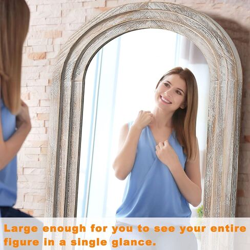 NeuType 65"x22" Arched Full Length Mirror Solid Wood Frame Mirror Floor Mirror with Back Hooks Large Wall Mirror Dressing Mirror for Bedroom Living Room, Weathering White in Saudi Arabia