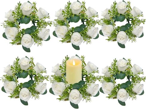 Artificial Rose Eucalyptus Pillar Candle Ring Wreath 3 Inch Center for Flameless or Wax Pillar Candles Weddding Banquet Reception Table Home Decor (6, white) in Saudi Arabia