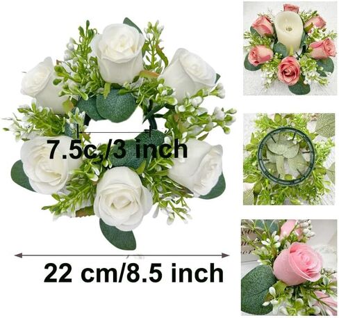 Artificial Rose Eucalyptus Pillar Candle Ring Wreath 3 Inch Center for Flameless or Wax Pillar Candles Weddding Banquet Reception Table Home Decor (6, white) in Saudi Arabia