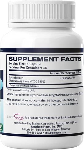 AFI LactoSpore | Bacillus coagulans MTCC 5856| Acid resistant | Once Daily Support for Women and Men | gas and bloating support | 5 billion per capsule | 60 caps in Saudi Arabia