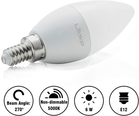 مصابيح Litake E12 LED مكافئة 60 وات، مصابيح شمعدان E12 LED في ضوء النهار، مصابيح إضاءة مروحة السقف LED، لمبة ثريا LED 5000 كيلو، 600 لومن، مصابيح إضاءة مروحة سقف بقاعدة الشمعدانات، 12 حزمة in Kuwait