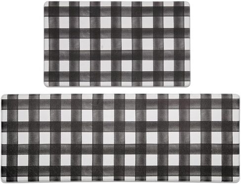 FRESHMINT Modern Farmhouse Plaid 2 Piece Set Kitchen Mats for Floor Anti Fatigue Waterproof & Non-Skid Kitchen Rugs Cushioned Kitchen Mat for Standing Washable Comfort Desk Kitchen Runners in Saudi Arabia