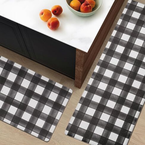 FRESHMINT Modern Farmhouse Plaid 2 Piece Set Kitchen Mats for Floor Anti Fatigue Waterproof & Non-Skid Kitchen Rugs Cushioned Kitchen Mat for Standing Washable Comfort Desk Kitchen Runners in Saudi Arabia
