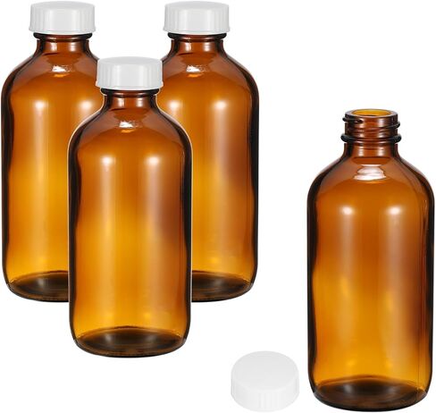 PATIKIL 8oz(240ml) Glass Sample Bottles, 4Pcs Round Bottle Dispensing Bottles with White Poly Cone Cap for Reagent Liquids, Essential Oils, Perfume, Amber in Saudi Arabia