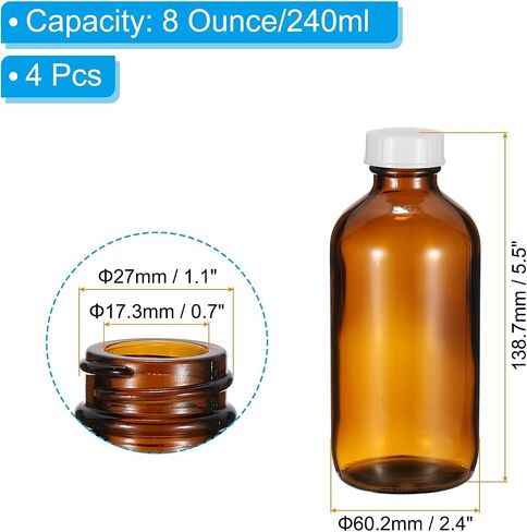 PATIKIL 8oz(240ml) Glass Sample Bottles, 4Pcs Round Bottle Dispensing Bottles with White Poly Cone Cap for Reagent Liquids, Essential Oils, Perfume, Amber in Saudi Arabia