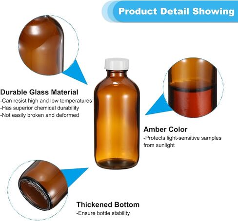 PATIKIL 8oz(240ml) Glass Sample Bottles, 4Pcs Round Bottle Dispensing Bottles with White Poly Cone Cap for Reagent Liquids, Essential Oils, Perfume, Amber in Saudi Arabia