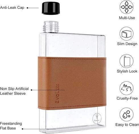 Flat Water Bottle - 17oz (500mL) Small Plastic Flask that Fits in your Bag Handbag or Purse | Perfect for Sports Camping Gym Office Gift and Travel | Reusable Clear a5 Slim Water Bottle | EVOLUX in Saudi Arabia